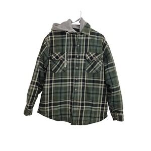 Field & Stream Jacket Mens L Green Plaid Flannel Quilted Hoodie Shacket Zip VTG